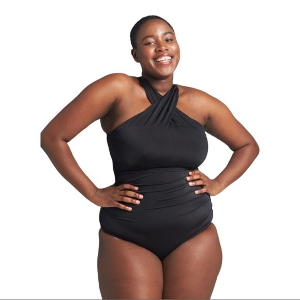 No-Wire Crossover-Neck Swim One Piece in Black